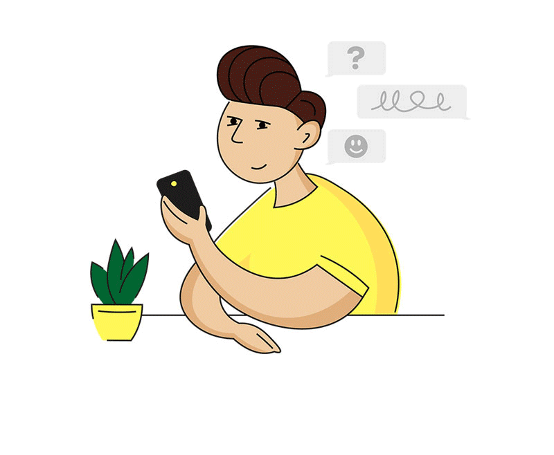Illustration of a person holding a smartphone, with messaging icons like a question mark, scribble, and smiley face in the background